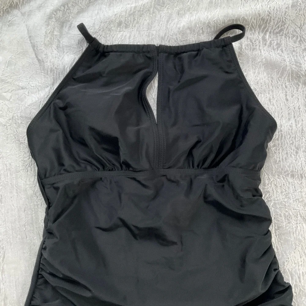 Black‎ High Neck Keyhole Tankini Top Ruched Sides Adjustable Straps Size 17-18Y